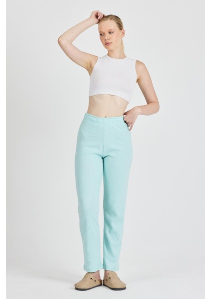 Kadın Su Yeşili Yüksek Bel Fitilli Bol Paça Günlük Ince Eşofman Altı Pijama