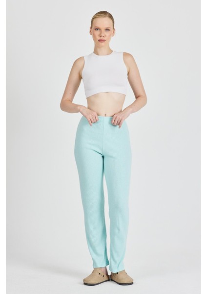 Kadın Su Yeşili Yüksek Bel Fitilli Bol Paça Günlük Ince Eşofman Altı Pijama fiyatları