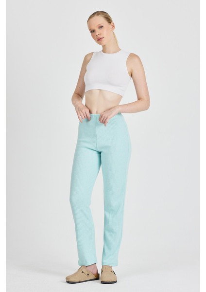 Kadın Su Yeşili Yüksek Bel Fitilli Bol Paça Günlük Ince Eşofman Altı Pijama modelleri