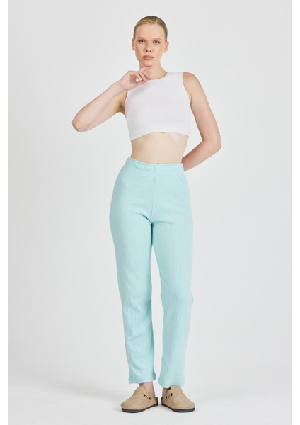 Kadın Su Yeşili Yüksek Bel Fitilli Bol Paça Günlük Ince Eşofman Altı Pijama fırsatları