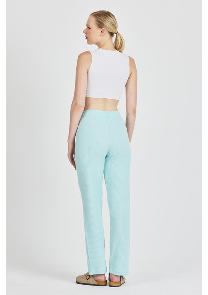 Kadın Su Yeşili Yüksek Bel Fitilli Bol Paça Günlük Ince Eşofman Altı Pijama