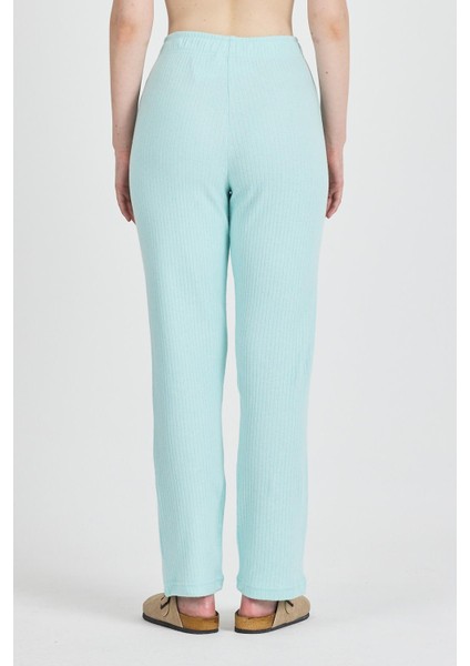 Kadın Su Yeşili Yüksek Bel Fitilli Bol Paça Günlük Ince Eşofman Altı Pijama