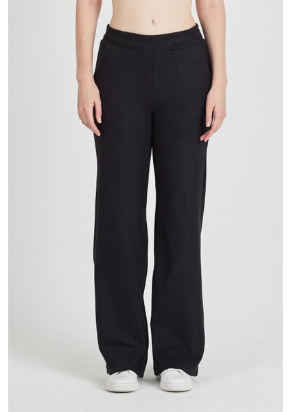 Kadın Siyah Yüksek Bel Fitilli Bol Paça Günlük Ince Eşofman Altı Pijama