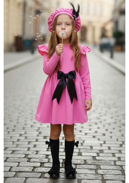 Kız Çocuk Pembe Sofia Pamuklu Fiyonk Detaylı Elbise Kep Abiye Takım