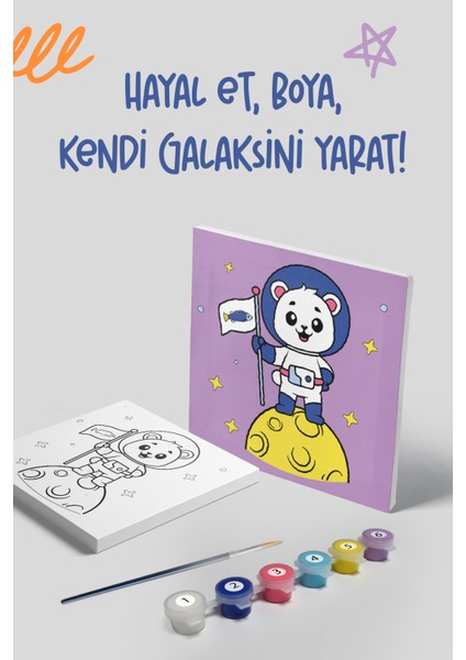 Uzaylı Ayı Temalı Çocuk Tuval Boyama Seti | Tuval + 6 Renk Akrilik Boya + Fırça