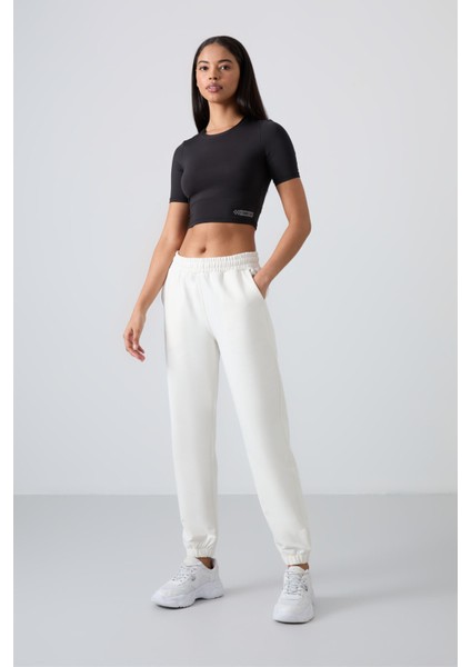 Ekru Cepli Yüksek Bel Rahat Form Lastik Paça Kadın Eşofman Alt - 94583