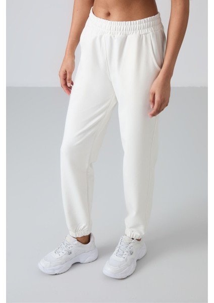 Ekru Cepli Yüksek Bel Rahat Form Lastik Paça Kadın Eşofman Alt - 94583