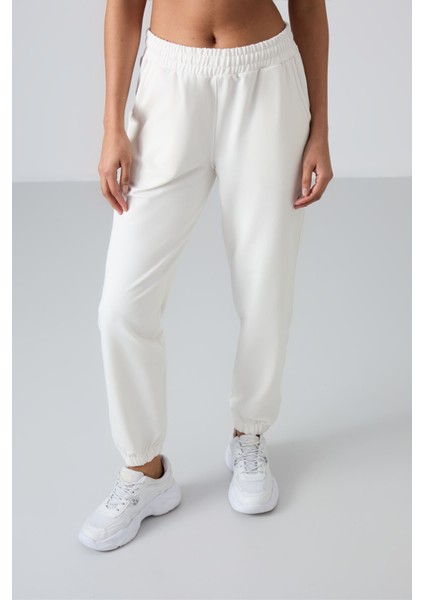Ekru Cepli Yüksek Bel Rahat Form Lastik Paça Kadın Eşofman Alt - 94583