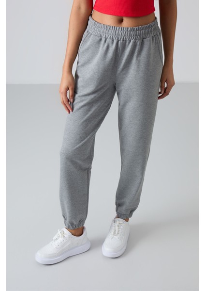 Gri Melanj Cepli Yüksek Bel Rahat Form Lastik Paça Kadın Eşofman Alt - 94583