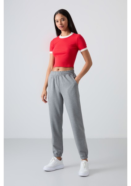 Gri Melanj Cepli Yüksek Bel Rahat Form Lastik Paça Kadın Eşofman Alt - 94583