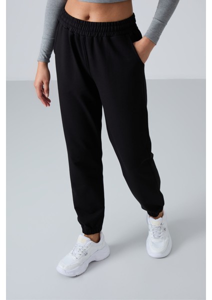 Siyah Cepli Yüksek Bel Rahat Form Lastik Paça Kadın Eşofman Alt - 94583