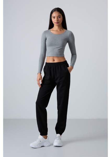 Siyah Cepli Yüksek Bel Rahat Form Lastik Paça Kadın Eşofman Alt - 94583