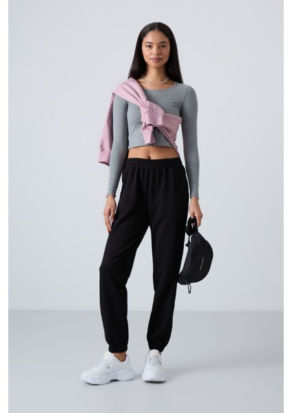 Siyah Cepli Yüksek Bel Rahat Form Lastik Paça Kadın Eşofman Alt - 94583