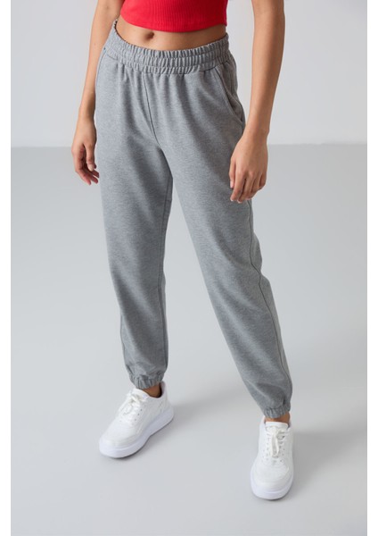 Gri Melanj Cepli Yüksek Bel Rahat Form Lastik Paça Kadın Eşofman Alt - 94583