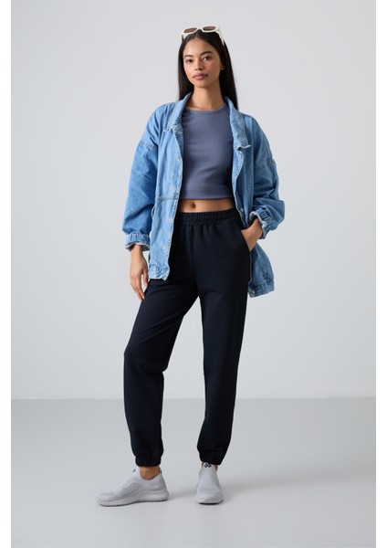 Lacivert Cepli Yüksek Bel Rahat Form Lastik Paça Kadın Eşofman Alt - 94583