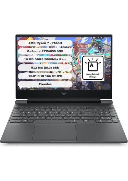 Victus 15-FB3038NT BX9U9EA 6gb RTX4050 Amd Ryzen 7 7445H 16GB Ram 512GB SSD 15.6 Inç Fhd 144Hz Freedos Taşınabilir Bilgisayar
