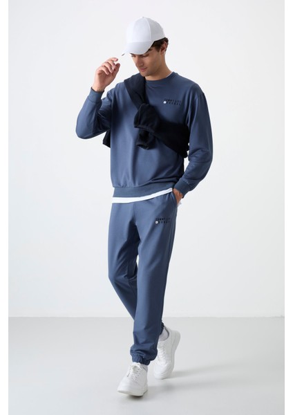 Petrol Casual O Yaka Lastik Paça Pamuklu Erkek Oversize Eşofman Takımı - 85120