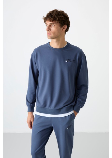 Petrol Casual O Yaka Lastik Paça Pamuklu Erkek Oversize Eşofman Takımı - 85120