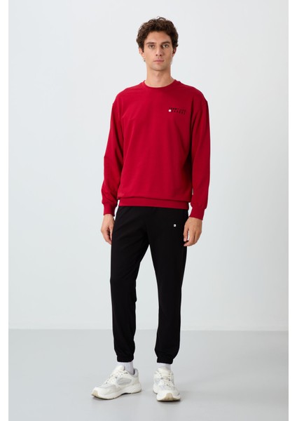 Kırmızı - Siyah Casual O Yaka Lastik Paça Pamuklu Erkek Oversize Eşofman Takımı - 85120