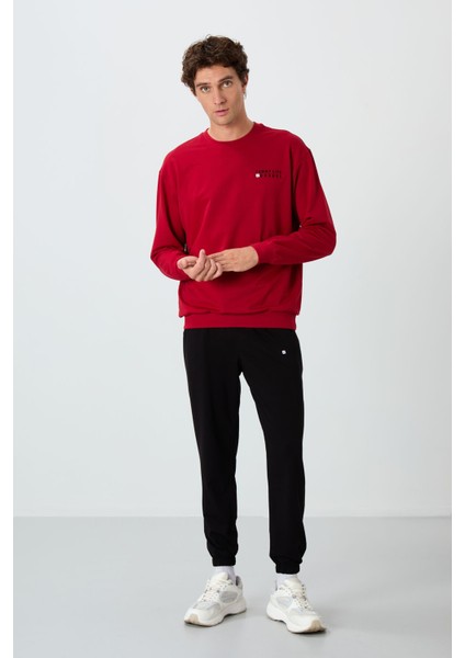 Kırmızı - Siyah Casual O Yaka Lastik Paça Pamuklu Erkek Oversize Eşofman Takımı - 85120