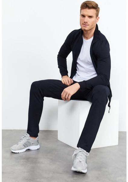 Lacivert Dik Yaka Fermuarlı Standart Kalıp Klasik Paça Erkek Eşofman Takımı - 85152