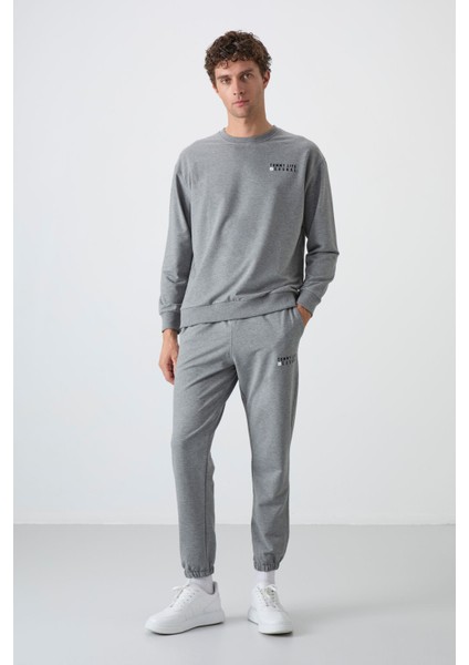 Gri Melanj Casual O Yaka Lastik Paça Pamuklu Erkek Oversize Eşofman Takımı - 85120