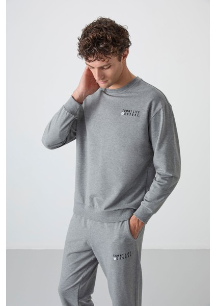 Gri Melanj Casual O Yaka Lastik Paça Pamuklu Erkek Oversize Eşofman Takımı - 85120