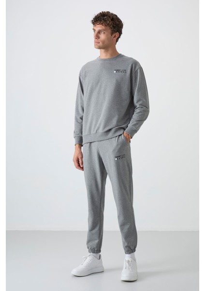 Gri Melanj Casual O Yaka Lastik Paça Pamuklu Erkek Oversize Eşofman Takımı - 85120