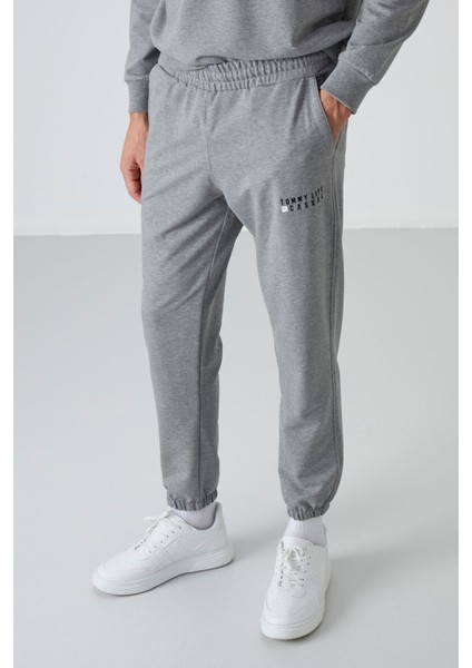 Gri Melanj Casual O Yaka Lastik Paça Pamuklu Erkek Oversize Eşofman Takımı - 85120