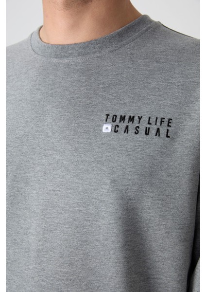 Gri Melanj Casual O Yaka Lastik Paça Pamuklu Erkek Oversize Eşofman Takımı - 85120