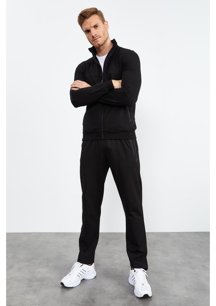 Siyah Dik Yaka Fermuarlı Standart Kalıp Klasik Paça Erkek Eşofman Takımı - 85152