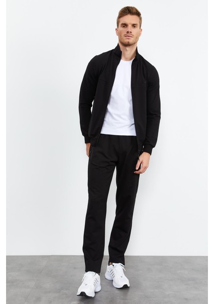 Siyah Dik Yaka Fermuarlı Standart Kalıp Klasik Paça Erkek Eşofman Takımı - 85152