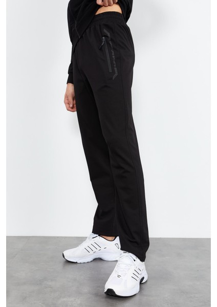 Siyah Dik Yaka Fermuarlı Standart Kalıp Klasik Paça Erkek Eşofman Takımı - 85152