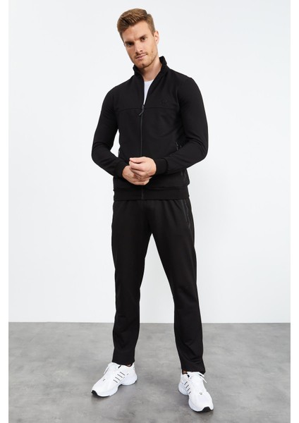 Siyah Dik Yaka Fermuarlı Standart Kalıp Klasik Paça Erkek Eşofman Takımı - 85152