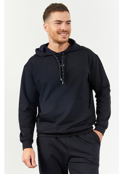 Lacivert Kapüşonlu Kanguru Cep Lastik Paça Erkek Oversize Eşofman Takımı - 85117
