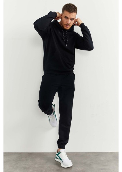 Lacivert Kapüşonlu Kanguru Cep Lastik Paça Erkek Oversize Eşofman Takımı - 85117