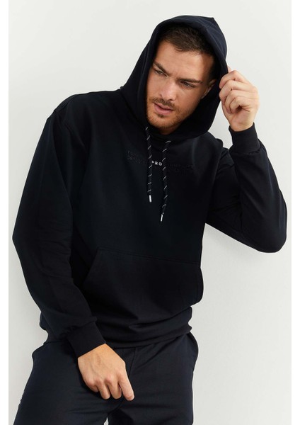 Lacivert Kapüşonlu Kanguru Cep Lastik Paça Erkek Oversize Eşofman Takımı - 85117