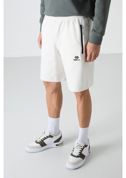 Ekru Gizli Fermuar Arka Cepli Bağcıklı Standart Kalıp Erkek Şort - 81136