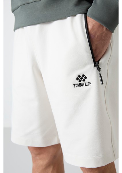 Ekru Gizli Fermuar Arka Cepli Bağcıklı Standart Kalıp Erkek Şort - 81136