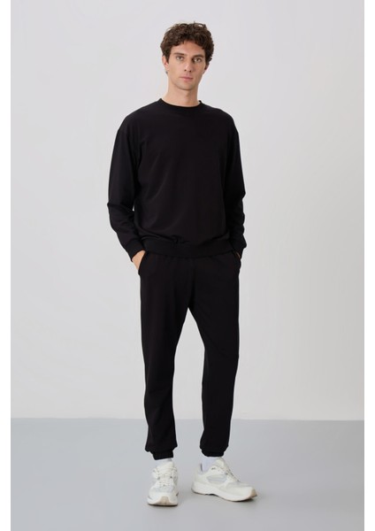 Siyah Casual O Yaka Lastik Paça Pamuklu Erkek Oversize Eşofman Takımı - 85120