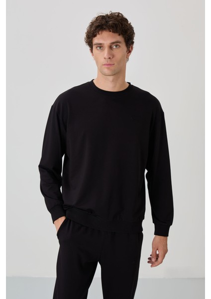 Siyah Casual O Yaka Lastik Paça Pamuklu Erkek Oversize Eşofman Takımı - 85120