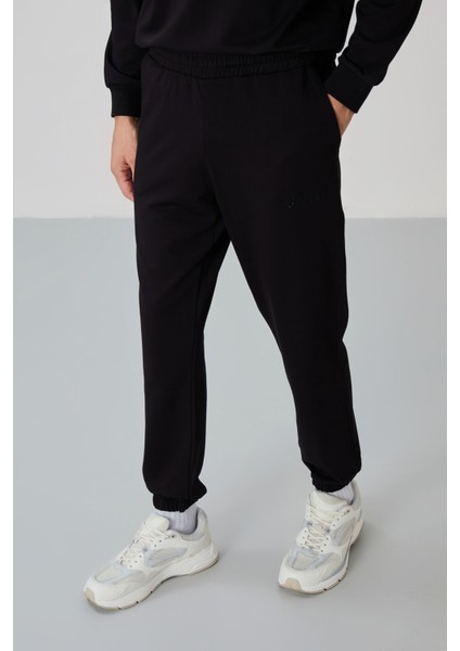 Siyah Casual O Yaka Lastik Paça Pamuklu Erkek Oversize Eşofman Takımı - 85120