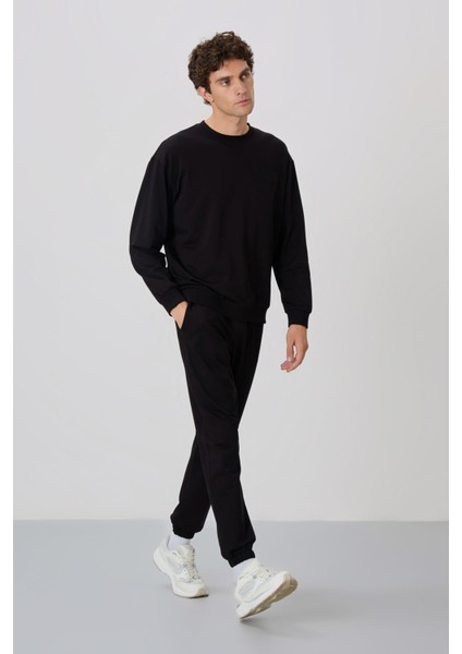Siyah Casual O Yaka Lastik Paça Pamuklu Erkek Oversize Eşofman Takımı - 85120
