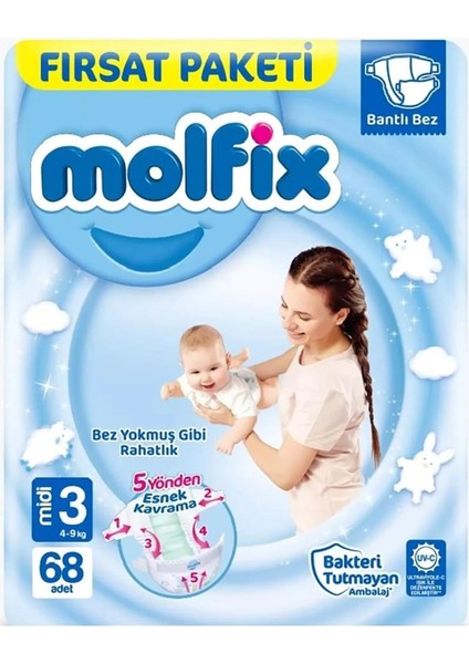Bfs Molfix Bebek Bezi Fırsat Paketi 3 Beden 4-9 kg 68 Adet