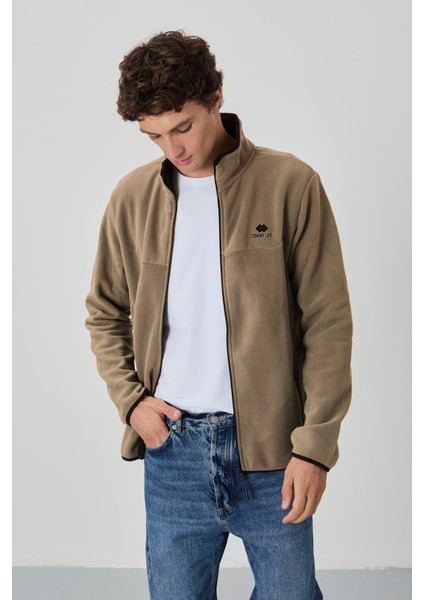 Camel Yazı Nakışlı Dik Yaka Fermuarlı Standart Kalıp Erkek Sweatshirt Polar - 87992