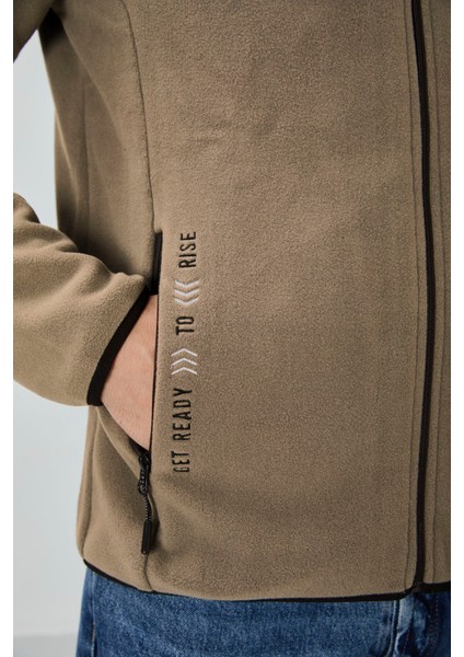 Camel Yazı Nakışlı Dik Yaka Fermuarlı Standart Kalıp Erkek Sweatshirt Polar - 87992