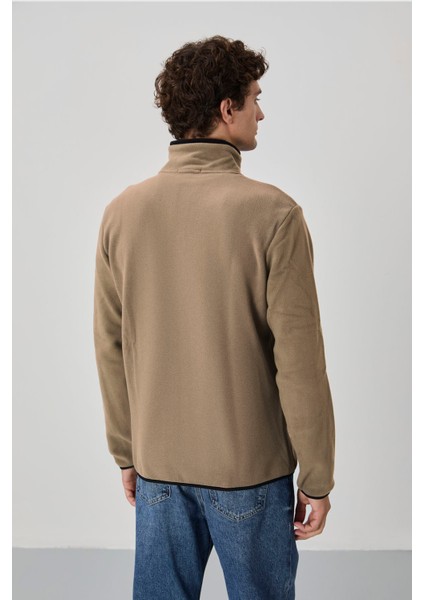 Camel Yazı Nakışlı Dik Yaka Fermuarlı Standart Kalıp Erkek Sweatshirt Polar - 87992