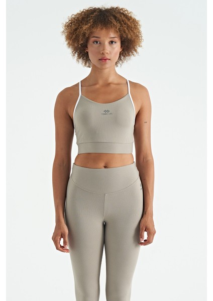 Zeytin Yeşil Sırt Çapraz Detaylı Logo Baskılı Dar Kalıp Fitilli Kadın Büstiyer - 97274