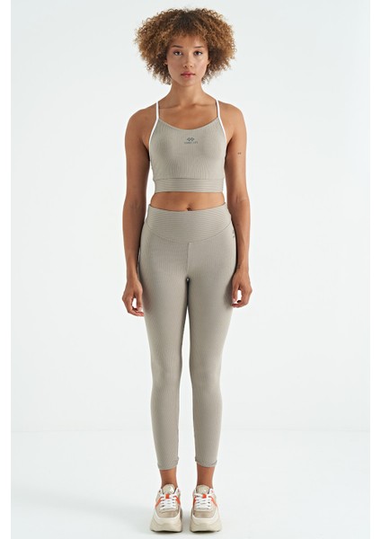 Zeytin Yeşil Sırt Çapraz Detaylı Logo Baskılı Dar Kalıp Fitilli Kadın Büstiyer - 97274