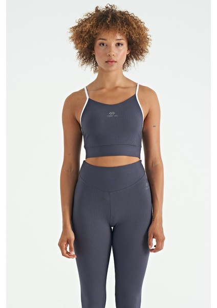 Antrasit Sırt Çapraz Detaylı Logo Baskılı Dar Kalıp Fitilli Kadın Büstiyer - 97274